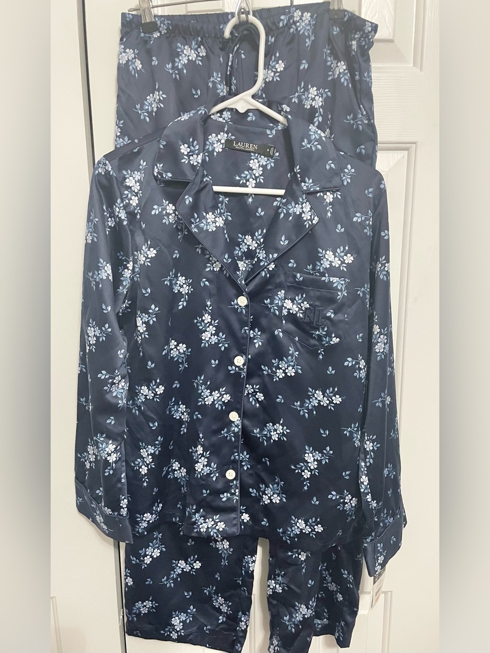 Ralph Lauren Navy Blue Floral Satin Button-Down Top